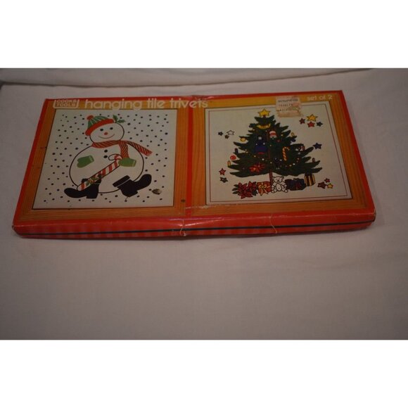 2 Vintage Cooks Tools Christmas Ceramic Hanging Tile Trivets Snowman and Christm - Picture 2 of 6